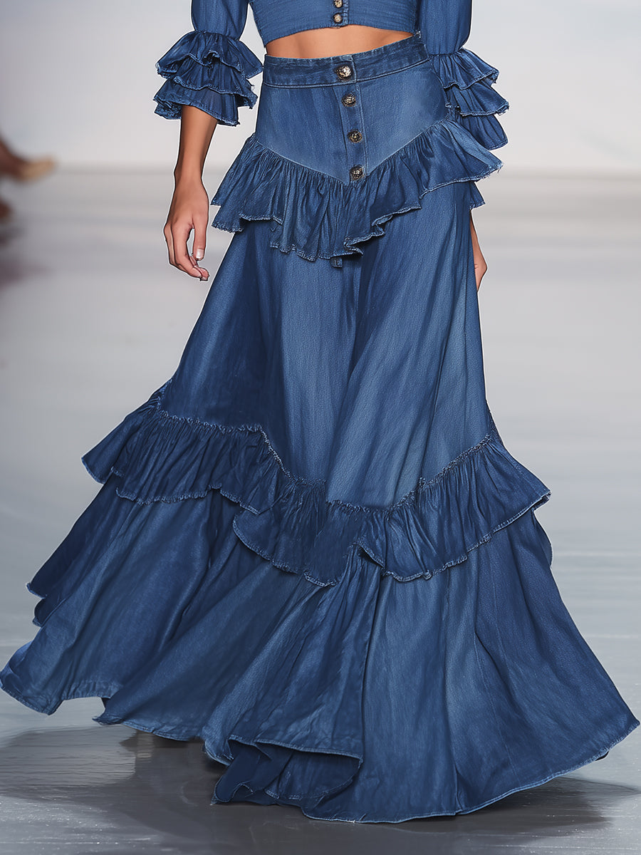 Elegant And Stylish Ruffle Trim Denim Skirt