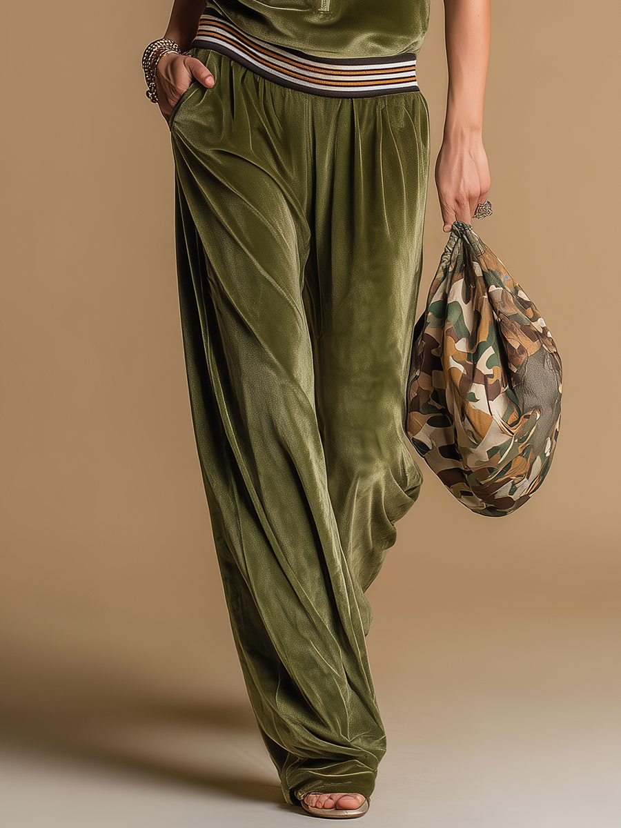 Sporty Retro Velvet Hooded Vest And Wide-leg Pants Set