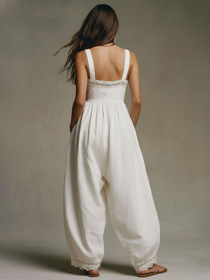 Casual Retro Lace White Cotton Balloon Overalls