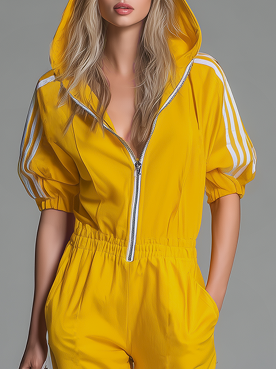 Athletic Casual Hooded Zippered Short-sleeved Jumpsuit