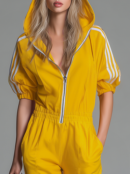 Athletic Casual Hooded Zippered Short-sleeved Jumpsuit