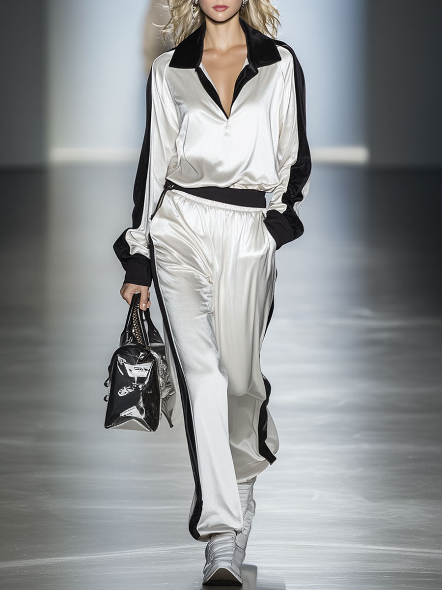 Stylish Black And White Color-blocked Velvet Top And Pants Set