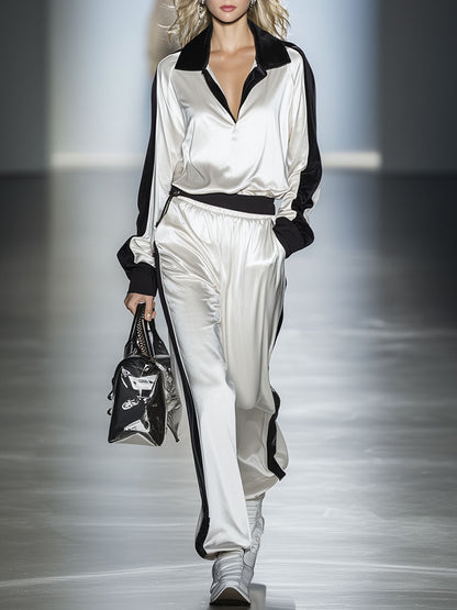 Stylish Black And White Color-blocked Velvet Top And Pants Set