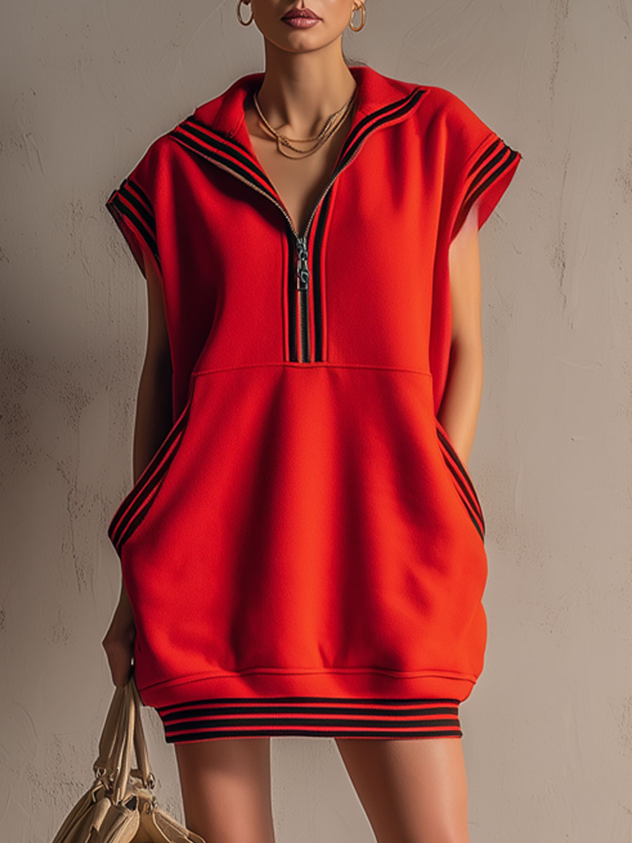 Sporty Retro Striped Ribbed Red Cotton Sleeveless Mini Dress