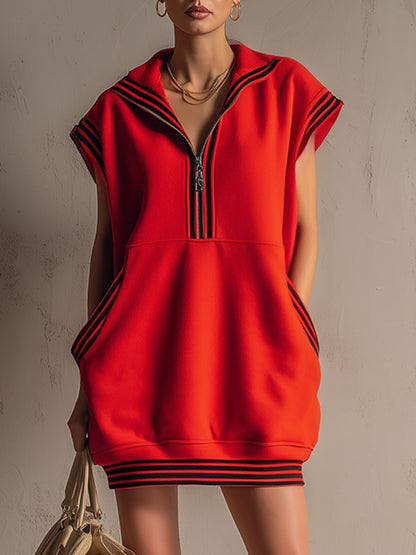 Sporty Retro Striped Ribbed Red Cotton Sleeveless Mini Dress