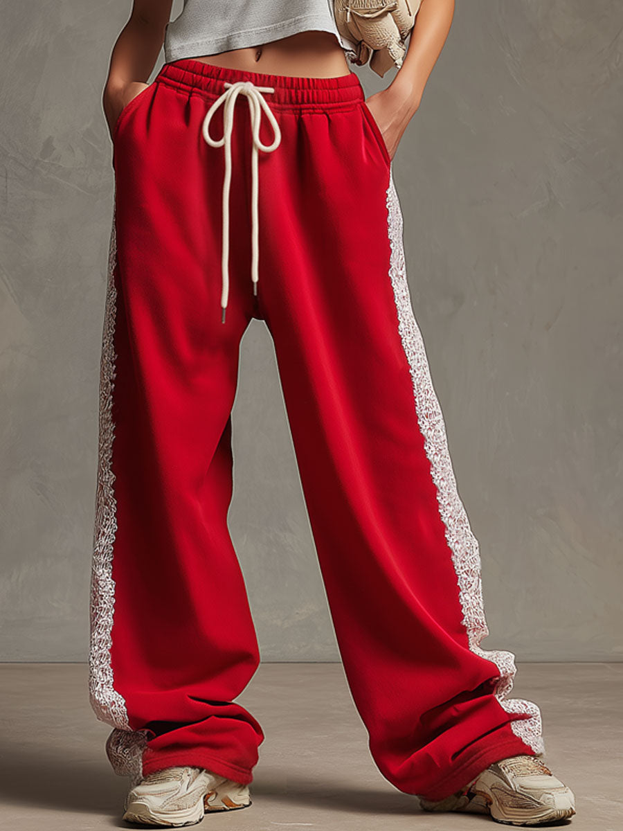 Sporty Retro Lace Red Cotton Blend Wide-leg Pants