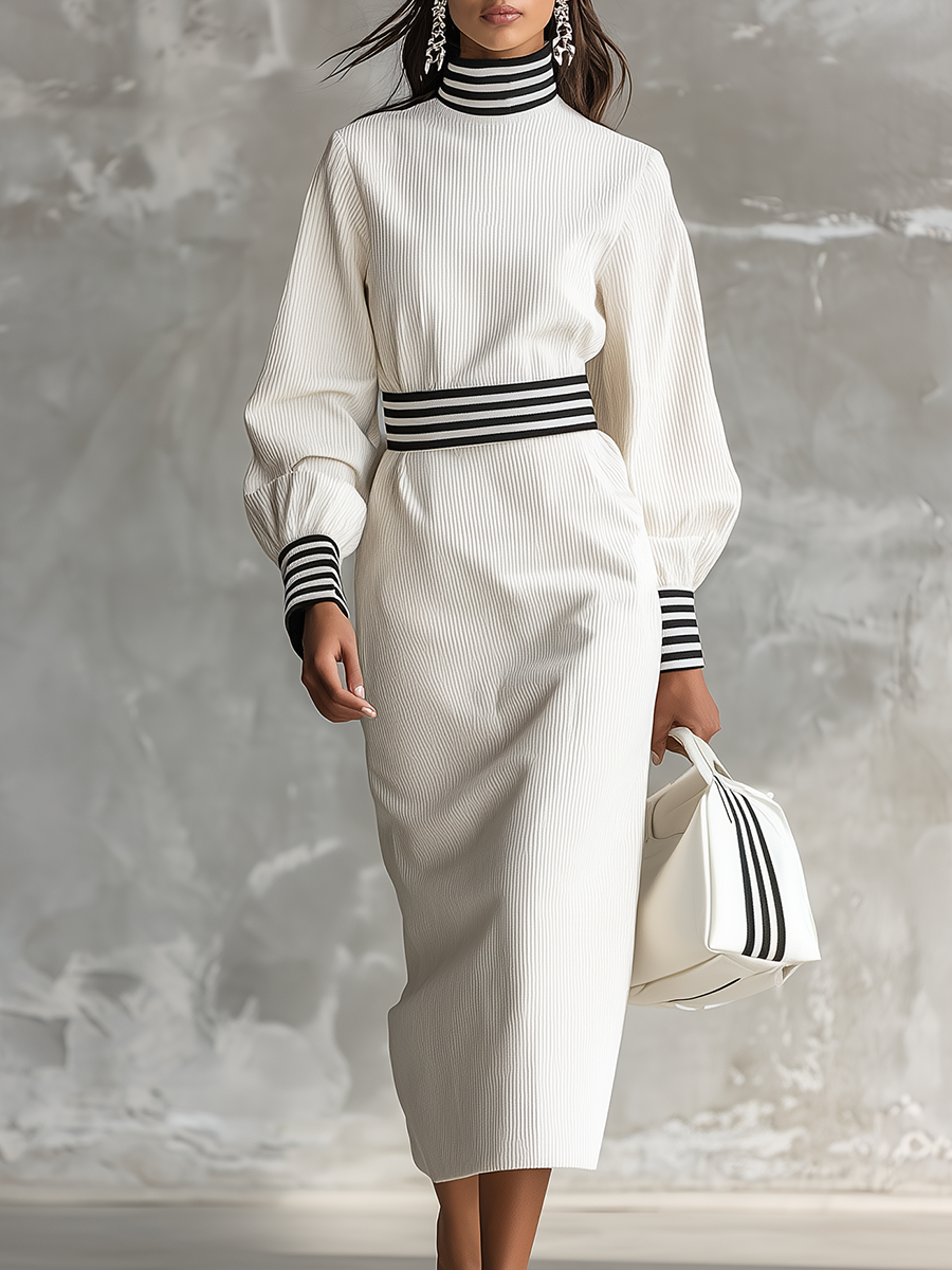 Sporty Retro Stand-up Collar Corduroy Dress