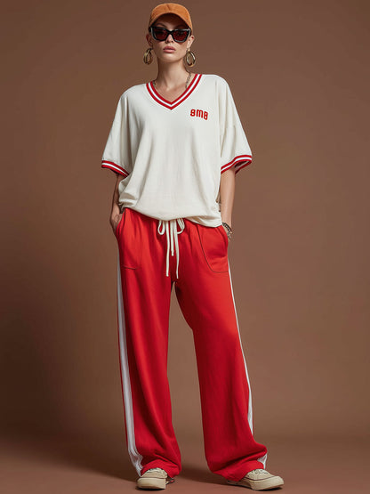 Sporty Retro Red Pure Cotton Embroidered Short-Sleeve T-Shirt And Wide-Leg Pants Set