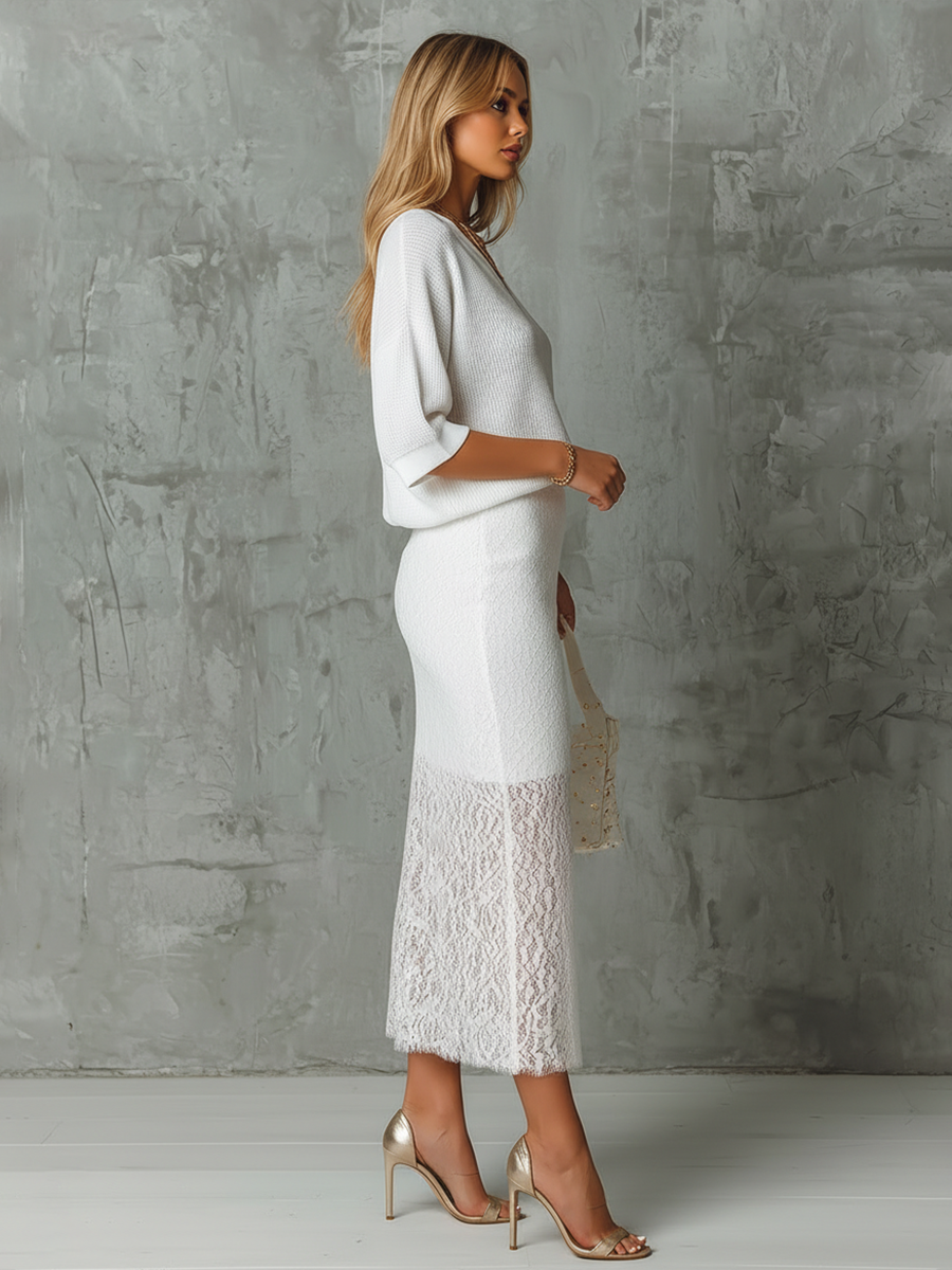 Elegant Retro V-neck Knit T-shirt And Side-slit Lace Skirt Set