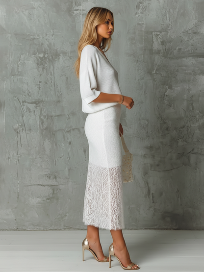 Elegant Retro V-neck Knit T-shirt And Side-slit Lace Skirt Set