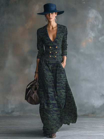 Vintage Elegant Exquisite V-neck Front Button Blue And Green Camouflage Denim Maxi Dress