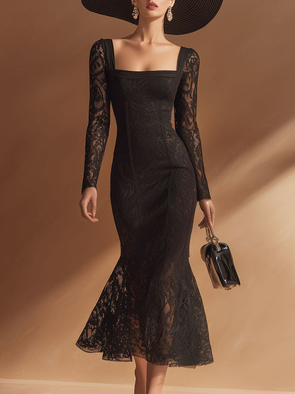 Stylish, Elegant, And Sexy Black Square-neck Lace Midi Dress