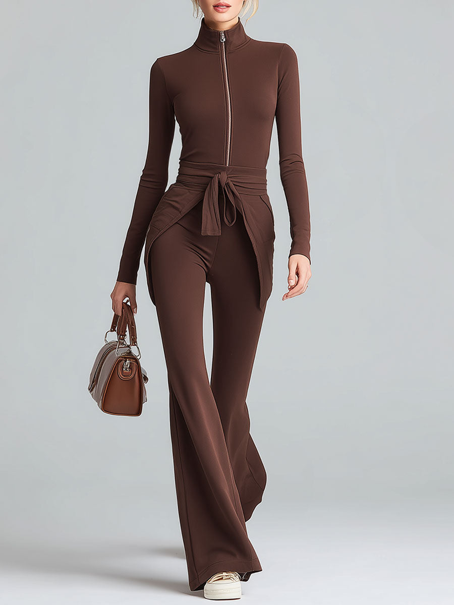 A Casual And Comfortable Brown Stand-collar Zip-up Top And Trousers Set