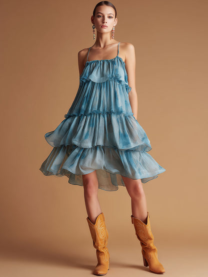 Resort-style Blue Spaghetti Strap Chiffon Midi Dress