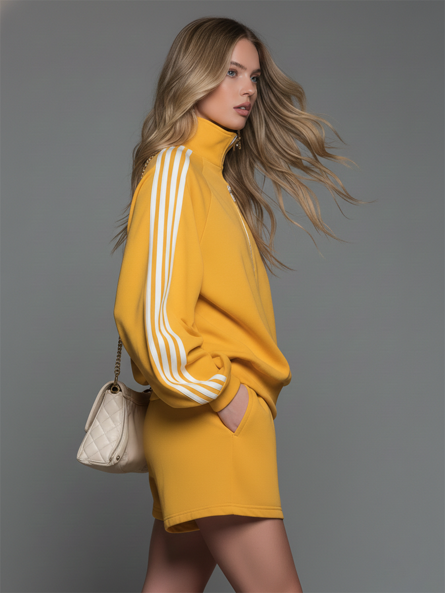 Sporty Casual Collared Zip-up Long-sleeved Top And Shorts Set