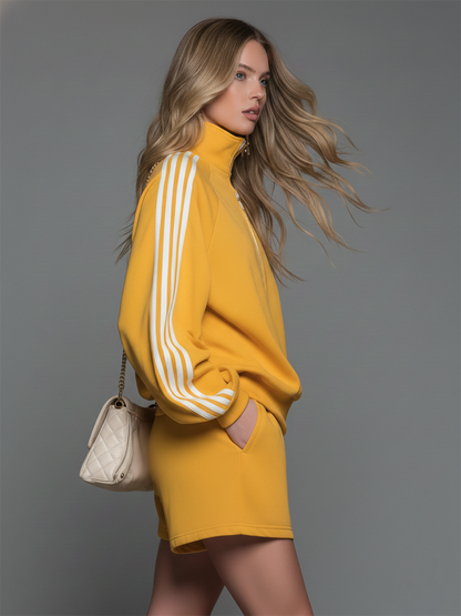 Sporty Casual Collared Zip-up Long-sleeved Top And Shorts Set