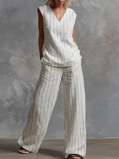 Classic Striped White Cotton Sleeveless Top And Wide-leg Pants Set