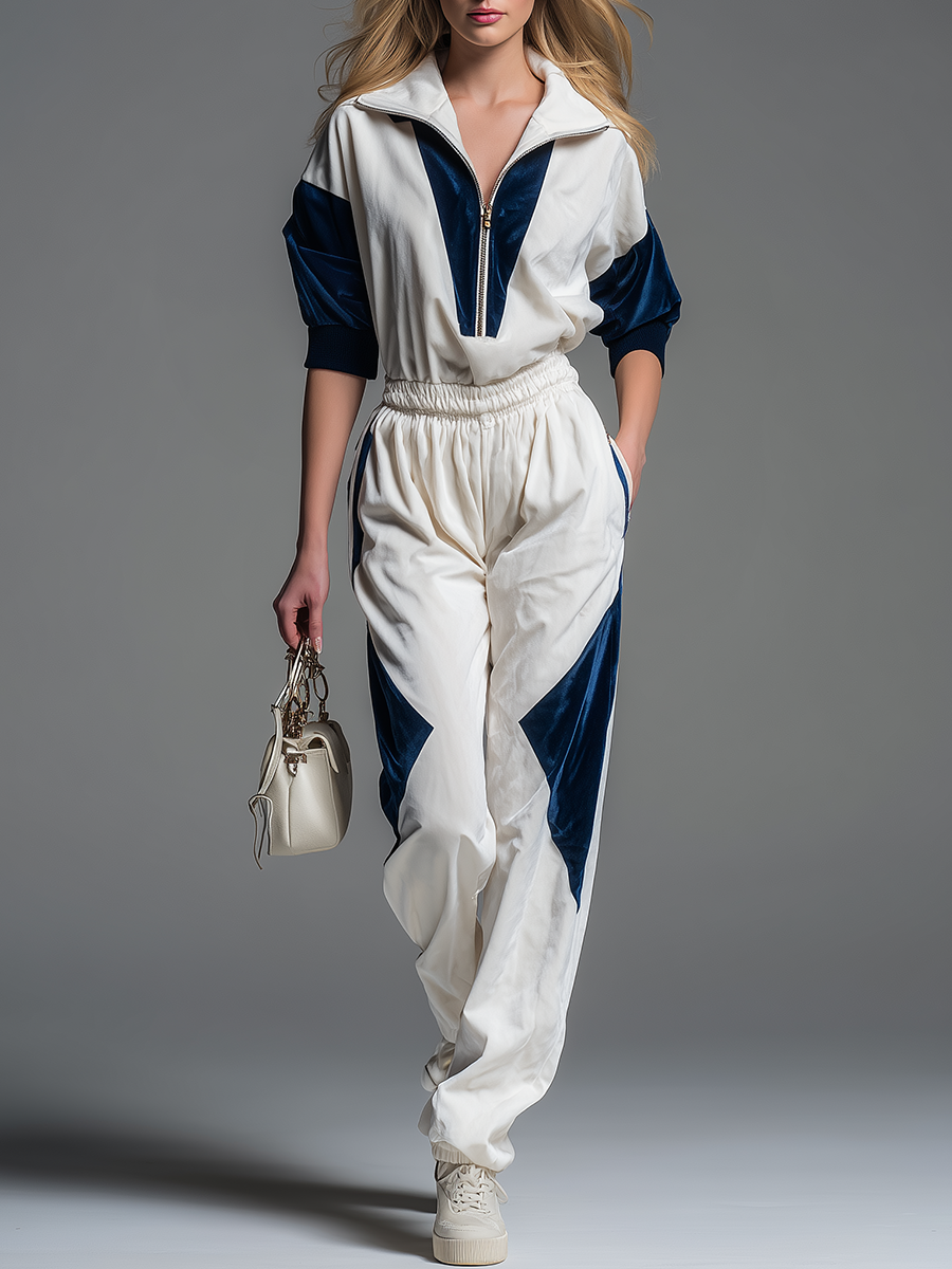 Comfortable Athletic Short-sleeved Polo Shirt And Long Pants Velvet Tracksuit Set