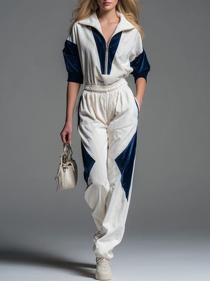 Comfortable Athletic Short-sleeved Polo Shirt And Long Pants Velvet Tracksuit Set