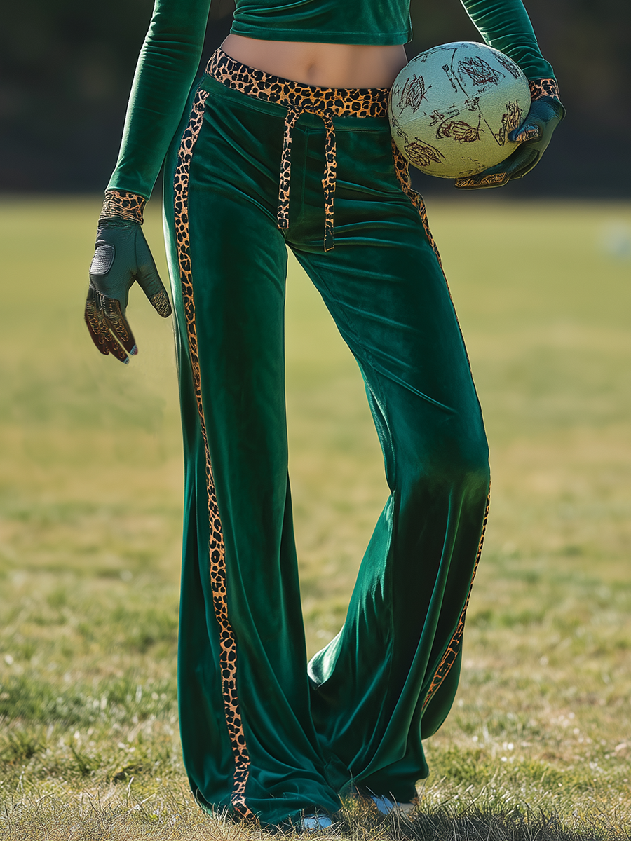 Retro Sporty Crew Neck Velvet Top And Flared Pants Set