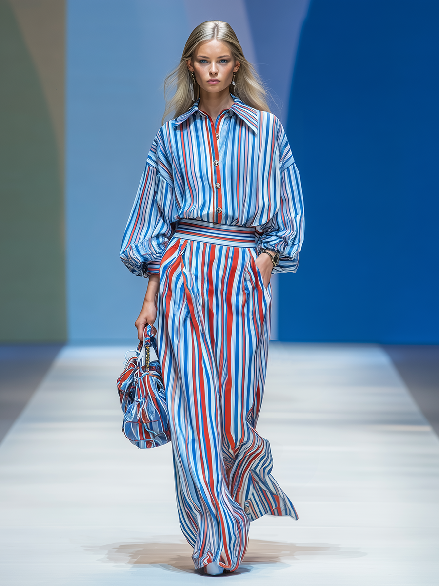 Retro Urban Colorful Striped Collared Shirt Long Dress