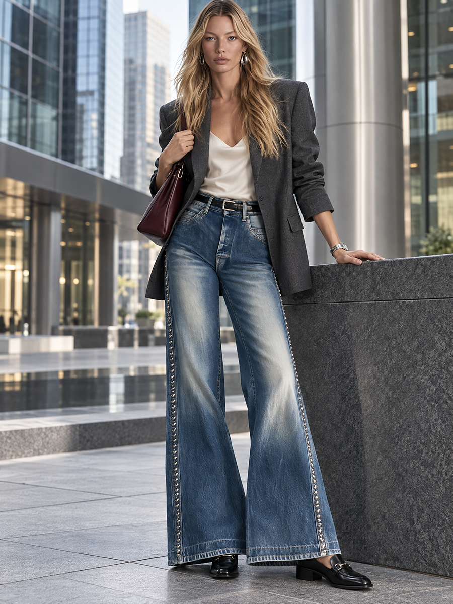 Y2K Rhinestone Studded Trim Flare Jeans