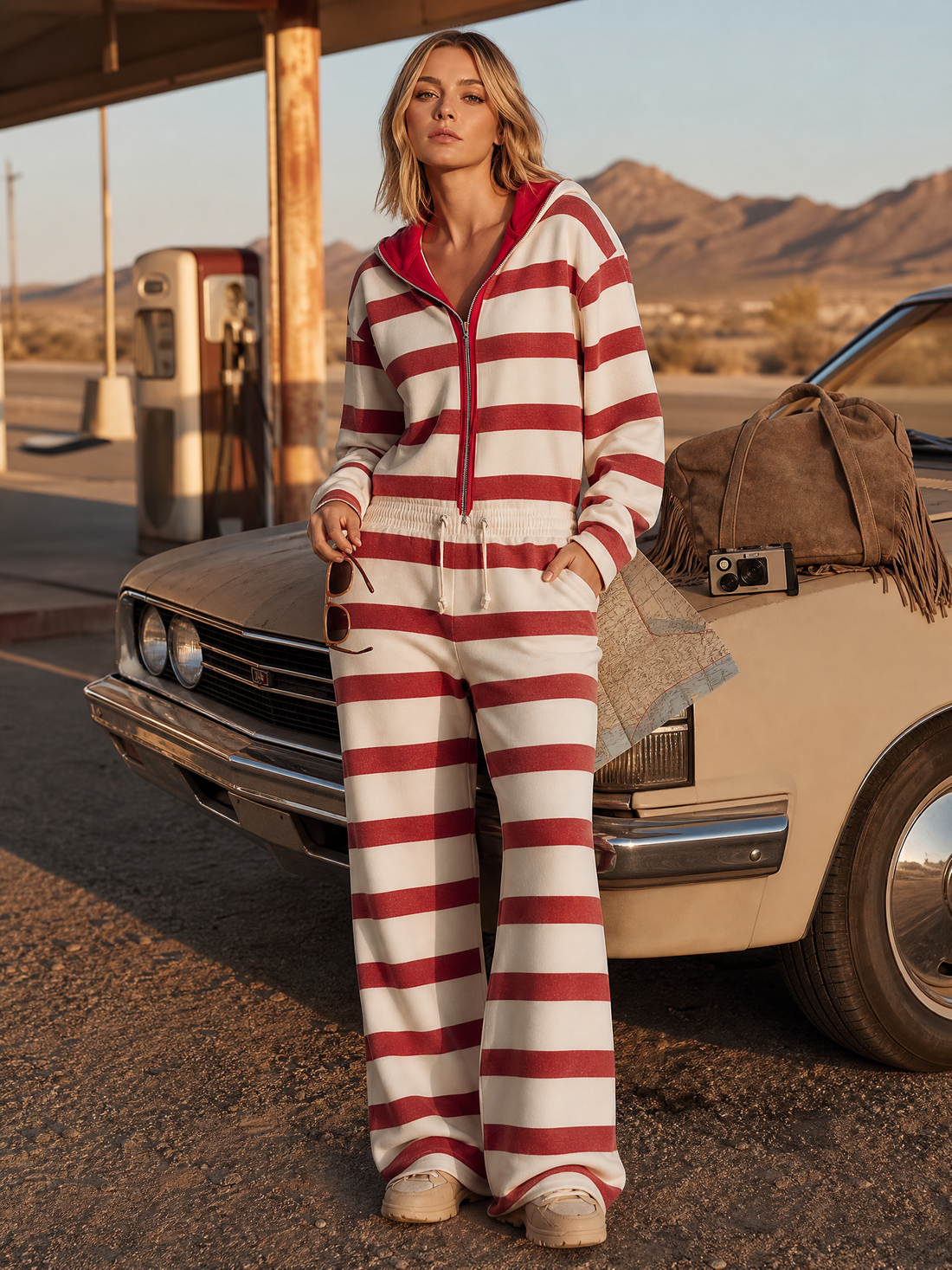 Retro Sporty Red Striped Hooded Half-Zip Wide-Leg Jumpsuit