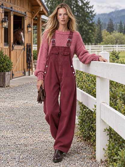 Retro Western Buckle Strap Pocket Wide Leg Denim Overalls