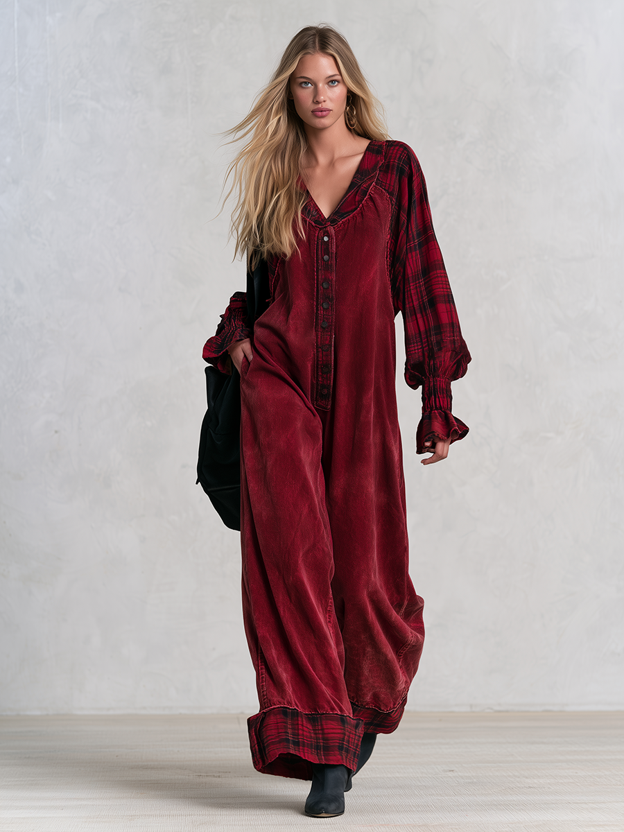 Retro Boho Plaid Trim Corduroy Button Front Wide Leg Jumpsuit