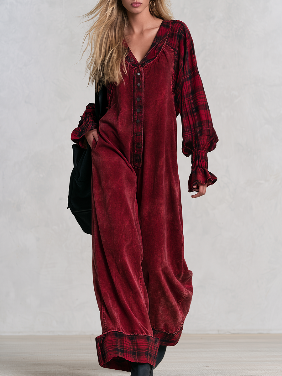 Retro Boho Plaid Trim Corduroy Button Front Wide Leg Jumpsuit