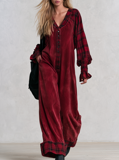 Retro Boho Plaid Trim Corduroy Button Front Wide Leg Jumpsuit
