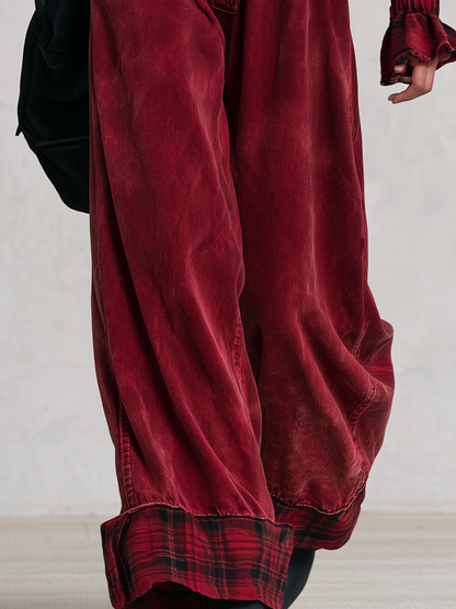 Retro Boho Plaid Trim Corduroy Button Front Wide Leg Jumpsuit