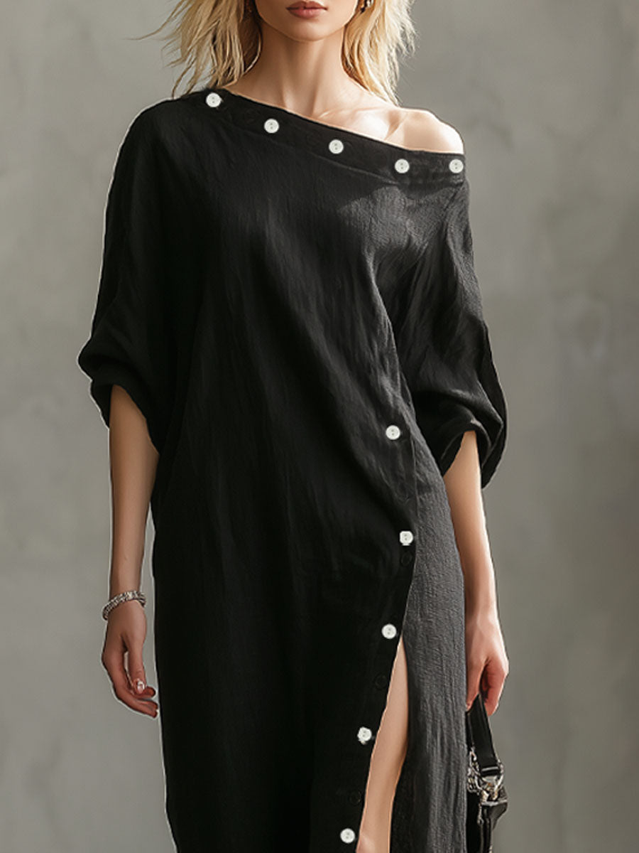 Slanted Neckline Off-the-shoulder Slit Buttons Maxi Dress