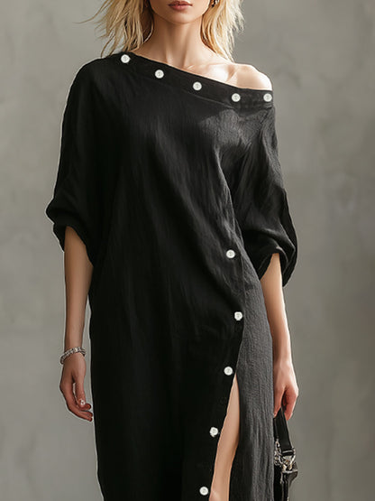 Slanted Neckline Off-the-shoulder Slit Buttons Maxi Dress