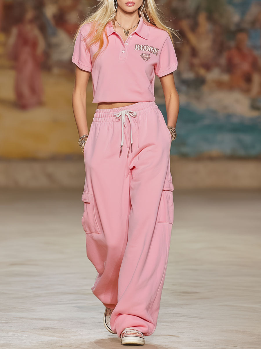 Sporty Style Short-sleeved Top And Trousers Set