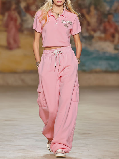 Sporty Style Short-sleeved Top And Trousers Set