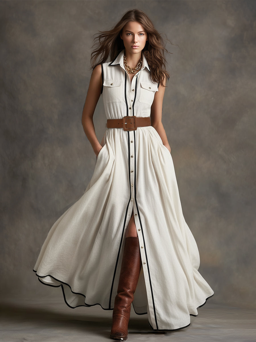 Vintage-style Piped White Cotton And Linen Collared Sleeveless Maxi Dress