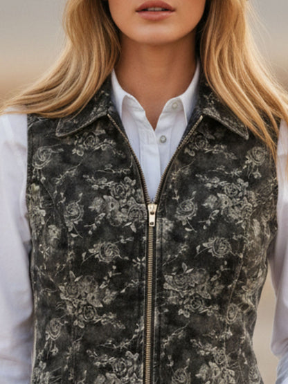 Retro-style Collared Zipper Denim Floral Vest