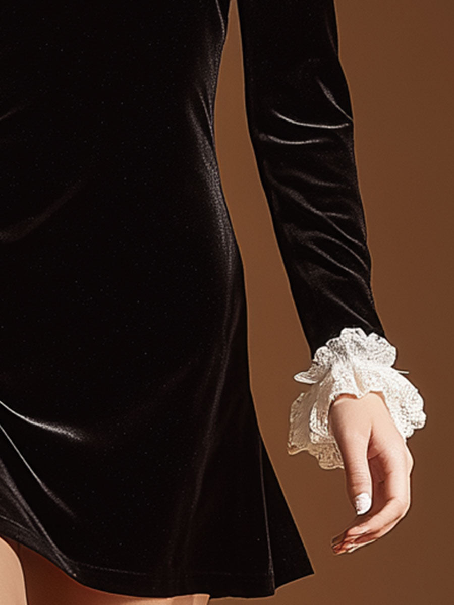 Stylish Vintage White Lace And Black Velvet Mini Dress