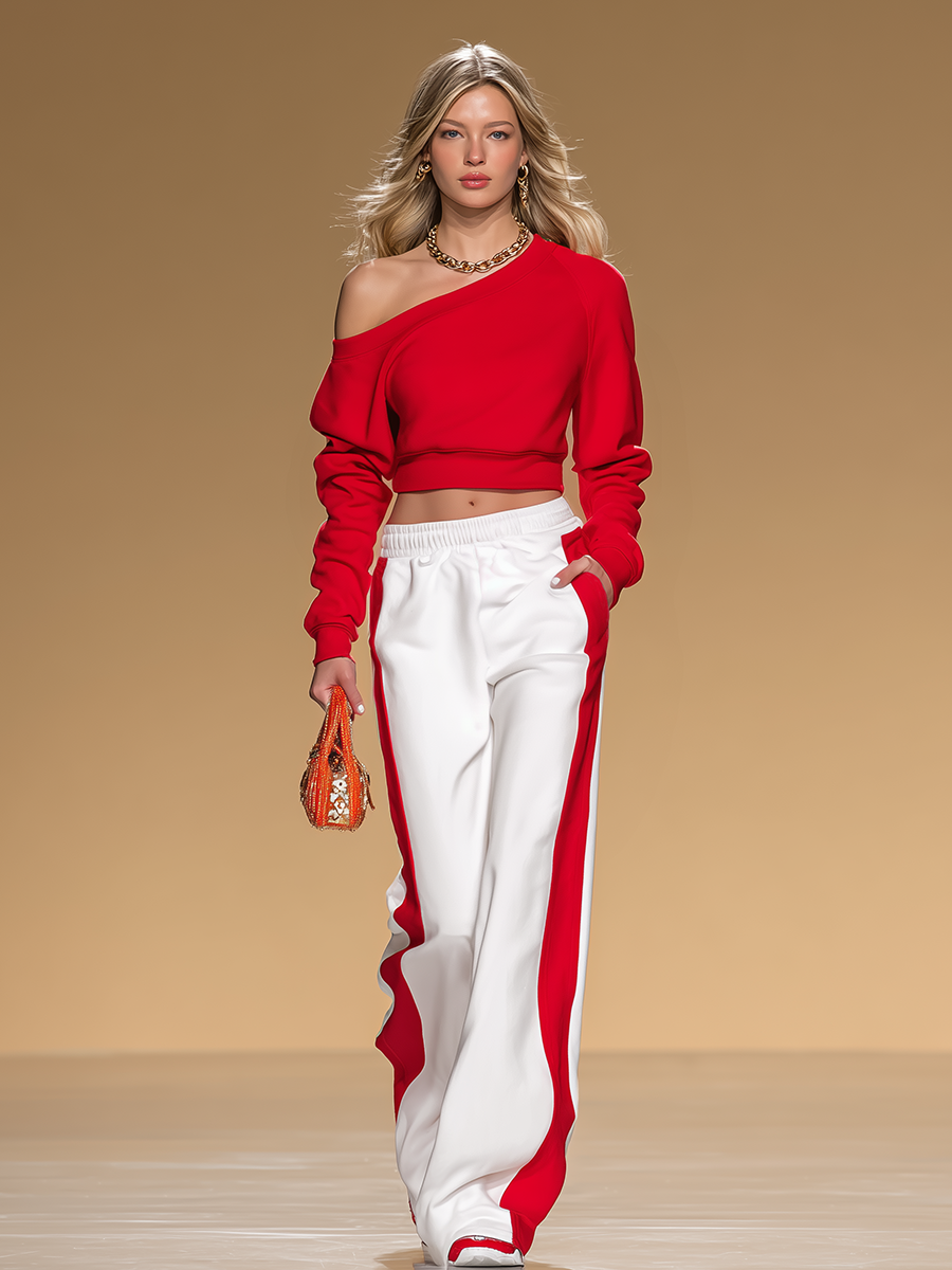 Athletic-style Retro Long-sleeved Sweatshirt And Wide-leg Pants Set