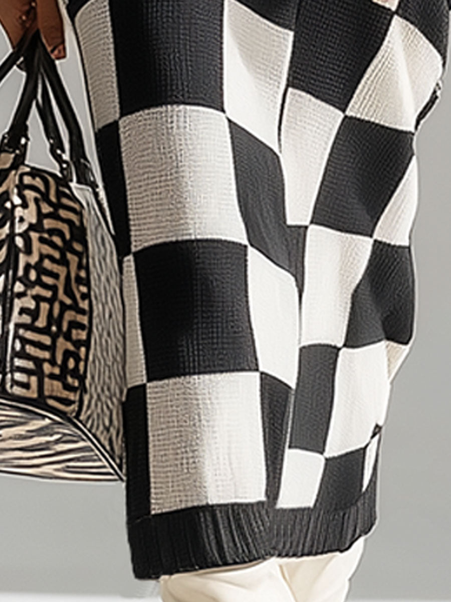 Fashionable Retro Black And White Checkered Hooded Knit Midi Dress