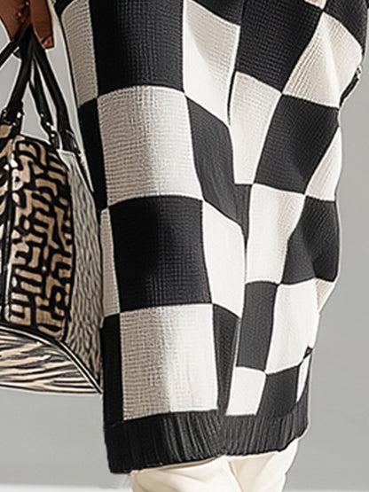 Fashionable Retro Black And White Checkered Hooded Knit Midi Dress