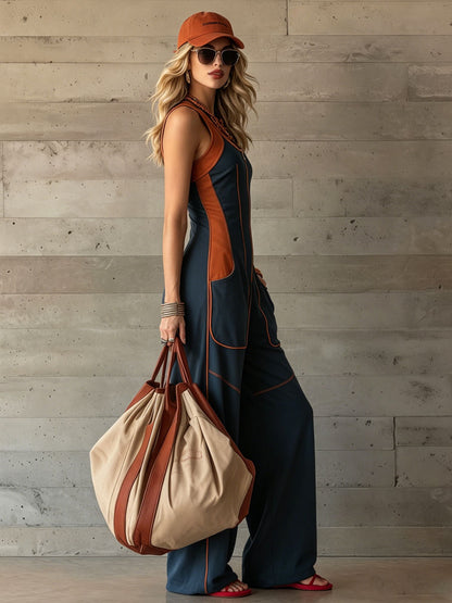 Casual Sporty Retro Orange Trim Navy Blue Pure Cotton Sleeveless Jumpsuit