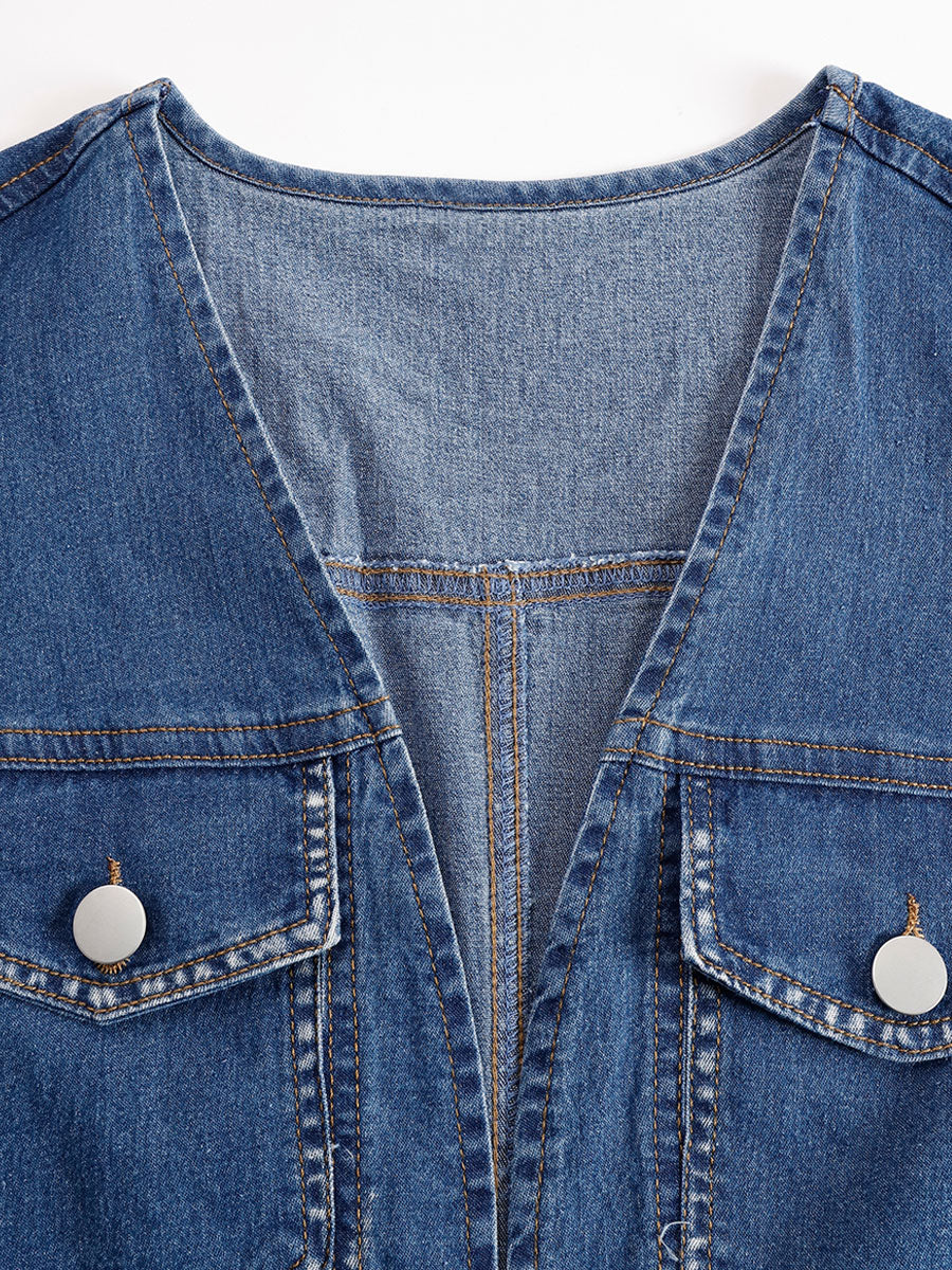 Casual Vintage Blue Denim V-Neck Tie Sleeveless Tassel Mini Dress