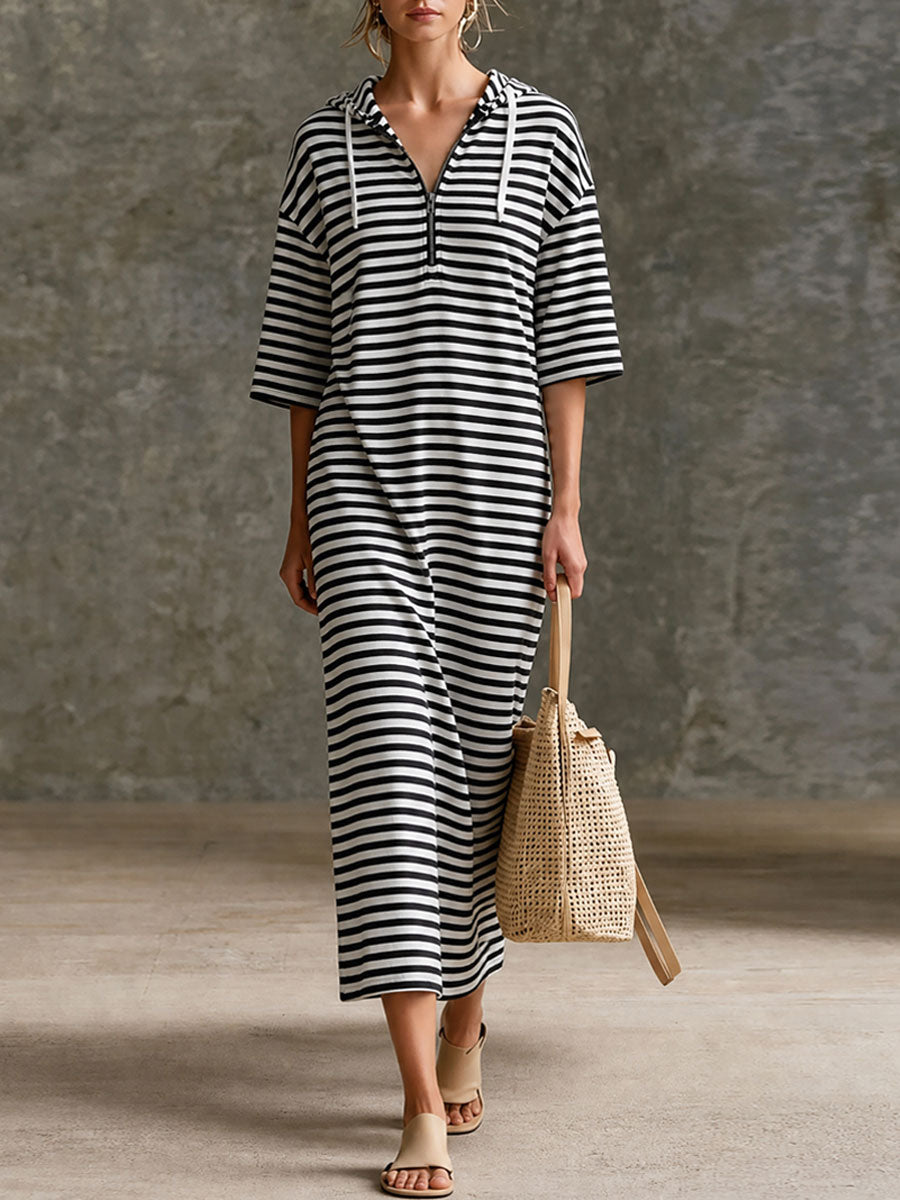 Casual Sporty Retro Black And White Striped Pure Cotton Hooded Midi Dress