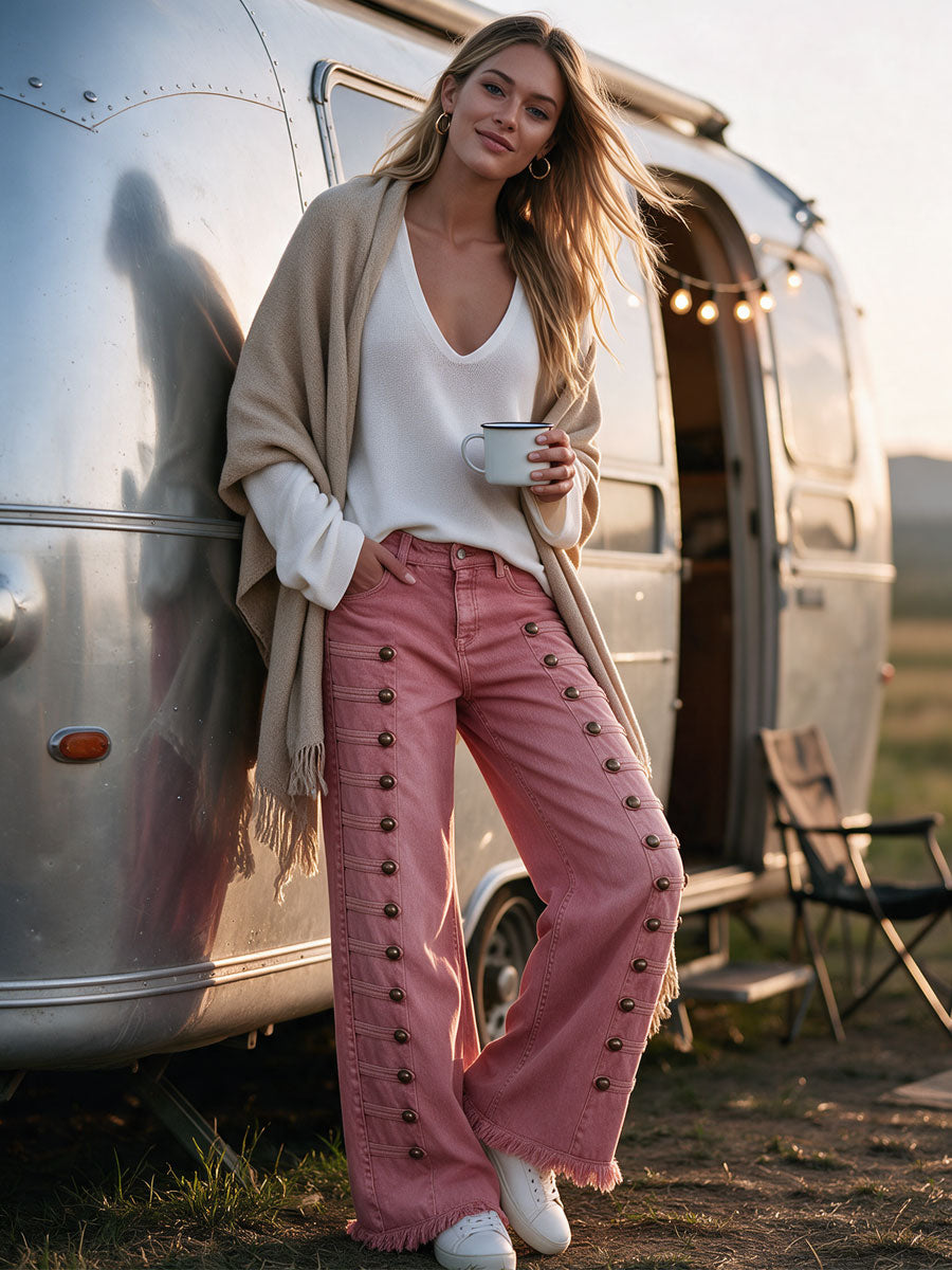 Vintage Button-down Washed Pink Flared Frayed Jeans