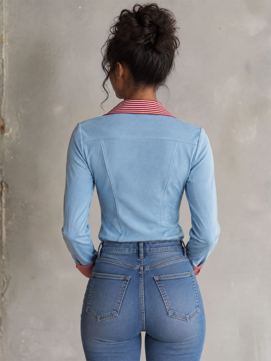 Retro-elegant Light Blue Striped V-neck Pearl Button Faux Suede Shirt
