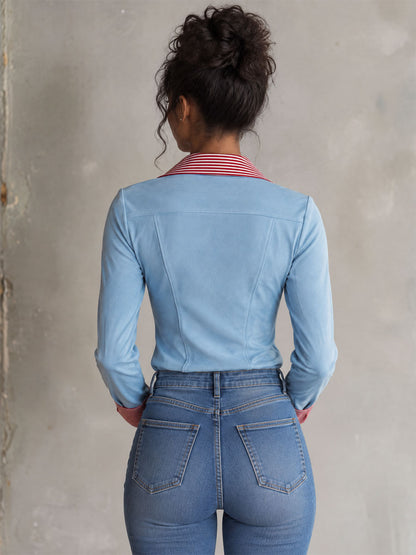 Retro-elegant Light Blue Striped V-neck Pearl Button Faux Suede Shirt