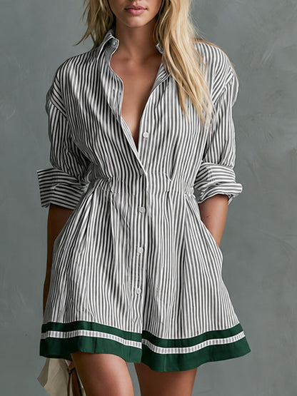 Retro-style Color-blocked Trim Blue Striped Long-sleeved Collared Cotton Mini Dress