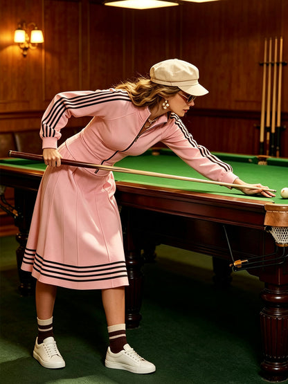 Casual Sporty Retro Striped Pink Cotton Long-sleeved Midi Dress